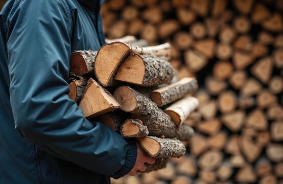 Man in jacket carries bundle of logs. Person gathers firewood for heating. Stacked woodpile in background. Preparing for winter season warmth.