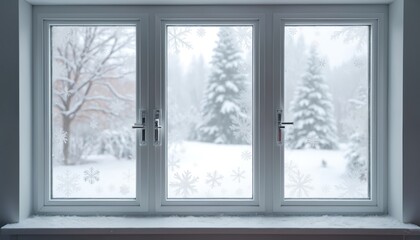 Obraz premium View through frosty window pane shows snow covered trees and landscape outside. Snowflake patterns decorate glass, creating a winter wonderland scene indoors. Warmth contrasts cold.