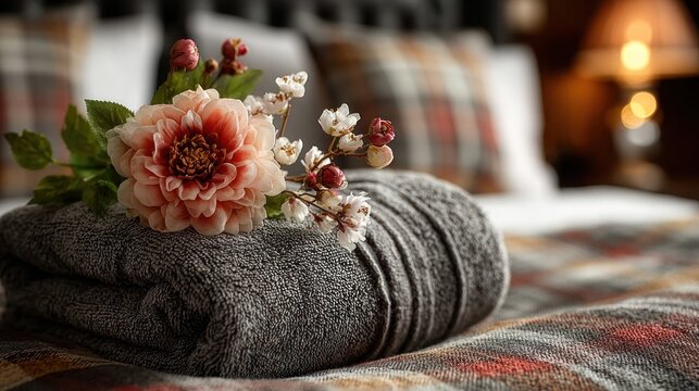 Cozy Bedroom Ambiance with Folded Towel and Delicate Flowers on a Plaid Blanket