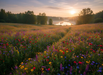 A breathtaking view of a vibrant meadow filled with blooming wildflowers basking in the soft morning sunlight. The background features a misty lake and a lush forest silhouette.