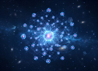 A futuristic concept of a decentralized network featuring glowing blue energy nodes interconnected by light filaments against a deep cosmic background. This image represents blockchain technology.
