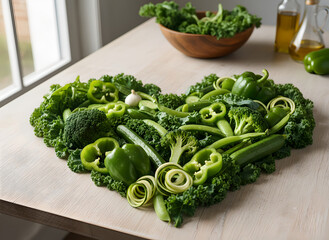A vibrant arrangement of various green vegetables shaped like a heart on a light wooden table. Featuring broccoli, bell peppers, kale, cucumbers, and snap peas, symbolizing healthy eating, clean diet.