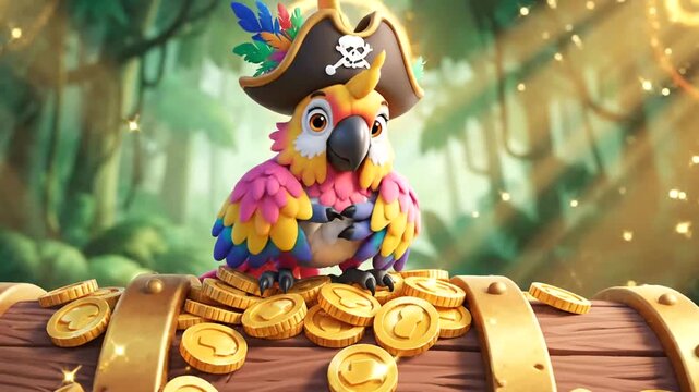 Colorful parrot on treasure chest gold.