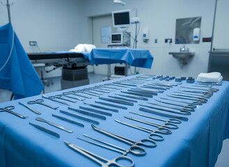 High-quality stainless steel medical instruments, including forceps, scissors, and scalpels, are meticulously laid out on a sterile blue tray. The background shows.