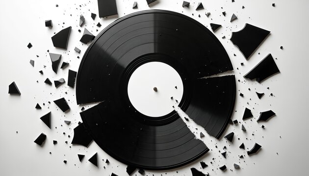 Shattered black vinyl record lies in pieces on clean white background. Fragments, dust scatter around main damaged disc, suggesting obsolescence destruction. Item represents broken music media.