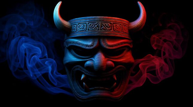 Ominous demon mask emits smoke in darkness with fierce expression