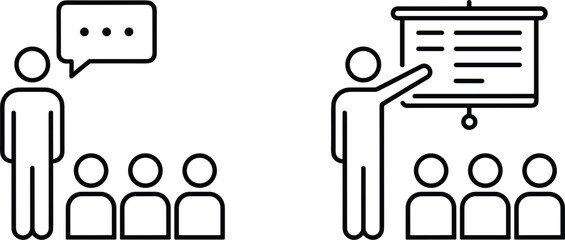 Presentation and meeting icon set showing speaker discussion and training audience symbols vector illustration minimal outline design © S O H A G