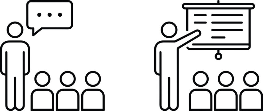 Presentation and meeting icon set showing speaker discussion and training audience symbols vector illustration minimal outline design
