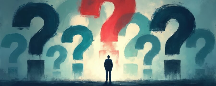 Man in suit stands surrounded by large question marks feeling small and uncertain. He contemplates unknown future decisions challenges and risks in his career path.