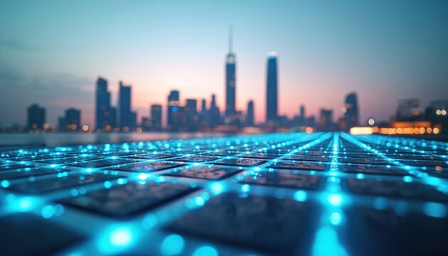 City skyline with glowing blue lights on surface at dusk. Futuristic tech landscape shows urban connectivity and network infrastructure. Modern digital city awaits future development.