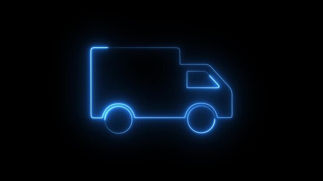 Neon lorry icon animation. Glowing shopping container truck motion. Delivery truck video footage.