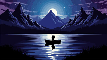 Moonlit Pixel Art Lake Landscape with Mountains and Lone Boater