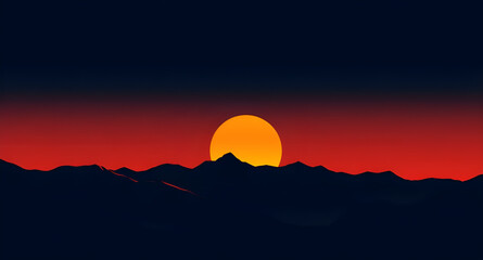 sunset, mountains, peaks, hills, valley, landscape, nature, sky, clouds, horizon, dusk, twilight, glow, light, warm, golden, orange, red, blue, pastel, calm, peaceful, scenic, cartoon, illustration, b © mrpixel