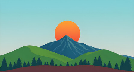 sunset, mountains, peaks, hills, valley, landscape, nature, sky, clouds, horizon, dusk, twilight, glow, light, warm, golden, orange, red, blue, pastel, calm, peaceful, scenic, cartoon, illustration, b © mrpixel