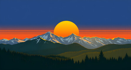 sunset, mountains, peaks, hills, valley, landscape, nature, sky, clouds, horizon, dusk, twilight, glow, light, warm, golden, orange, red, blue, pastel, calm, peaceful, scenic, cartoon, illustration, b © mrpixel