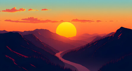 sunset, mountains, peaks, hills, valley, landscape, nature, sky, clouds, horizon, dusk, twilight, glow, light, warm, golden, orange, red, blue, pastel, calm, peaceful, scenic, cartoon, illustration, b © mrpixel