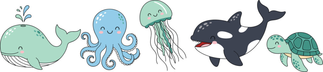 Cute Sea Animal Vector Illustration Set with Whale, Octopus, Jellyfish, Orca, and Turtle Cartoon Characters for Kids and Nursery Designs © Minara