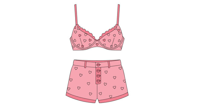 Charming pink women's bralette and matching shorts set adorned with cute heart patterns perfect for comfortable loungewear.