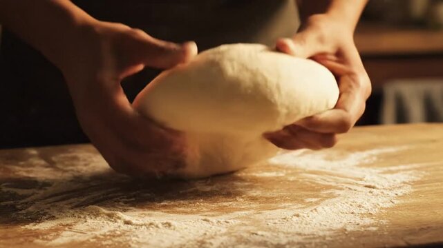 Hands Kneading Dough for Pizza or Bread Preparation on Wooden Table