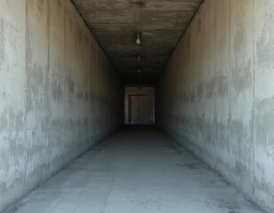 Obraz premium Long empty concrete hallway leads into darkness. Industrial passage with bare walls, ceiling lights, and double doors at the end. Perspective view down empty corridor.