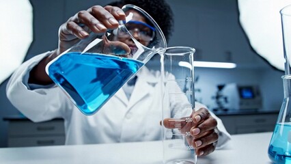 Black male scientist in lab coat pouring blue liquid into beaker, precision chemistry workflow for research and education, focused calm mood for STEM and World Science Day