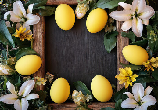 Yellow eggs, spring flowers,  greenery in a rustic wooden frame Ample copy space, easter background, lily