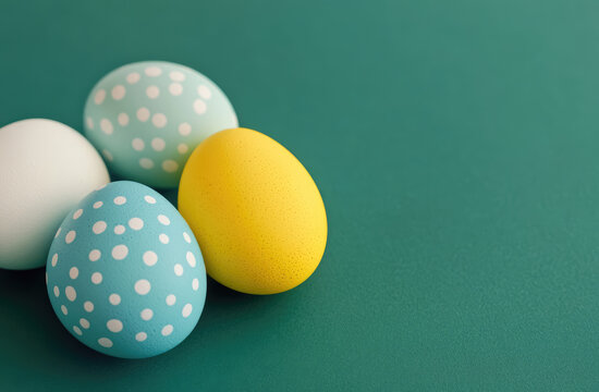Blue yellow white colorful eggs on green empty space background, Ester holiday background, blank. Soft design composition.
