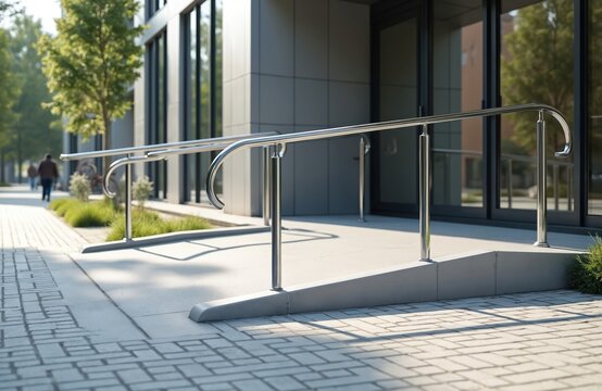 Metal ramp with shiny stainless steel handrails leads to modern building entrance. Accessible pathway for wheelchairs, strollers, bicycles. Public space with disabled access, safety features. Grey
