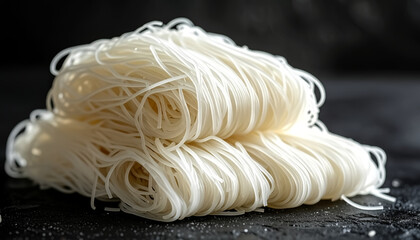 Dry fermented rice noodles cascade against a dark background.