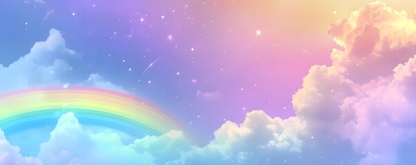Fototapeta premium Pastel Rainbow and Clouds in Starry Sky fantasy