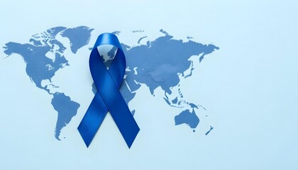 Blue awareness ribbon on a world map, representing Tar Syndrome Awareness Month and raising awareness for the condition