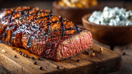 Perfectly grilled slab of beef displays char marks and medium rare center on a wooden board