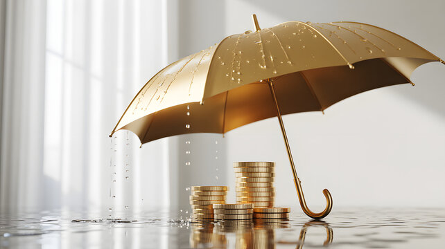 Golden umbrella protecting coins on wet floor in a rainy day scenario