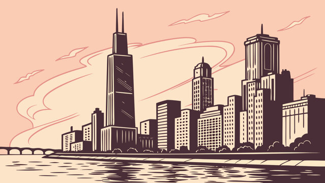 Background of chicago reflecting in the river with sears tower great for cityscape, travel, architecture, tourism, skyline, urban themes.