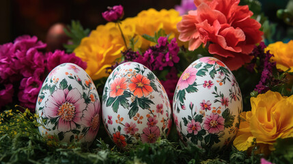 Fototapeta premium Four beautifully designed Easter eggs with floral patterns sit among vibrant flowers. The scene captures the essence of spring and celebration in a creative display.