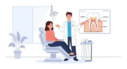 Fototapeta premium Oral Health and Dental Care Vector Concept, Dentist Showing Tooth Structure to Female Patient for World Oral Health Day
