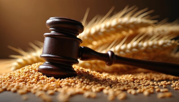Wooden gavel rests on pile of grains and wheat stalks. Symbolizes food law justice agricultural regulation and court decisions affecting food production and supply.
