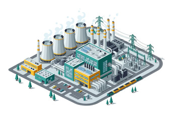 Modern industrial power plant facility with cooling towers and electric grid infrastructure