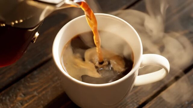 Coffee Being Poured Into a White Mug on a Wooden Table.