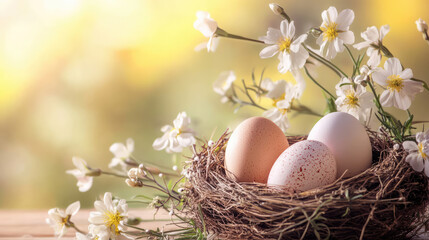 Freshly picked easter eggs in nest with flowers in ultra realistic spring setting