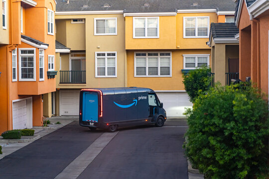 Amazon Prime Electric Delivery Van in Residential Neighborhood, USA
