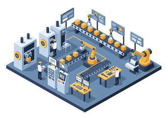 Obraz premium Automated Factory Production Line with Robotic Arms and Conveyor System