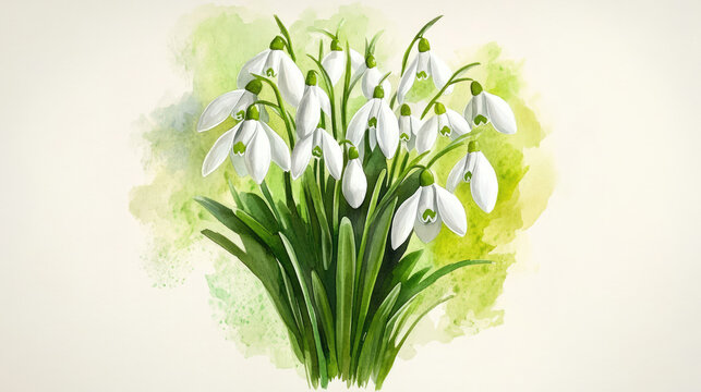 Watercolor spring background bouquet of first spring flowers - snowdrops.