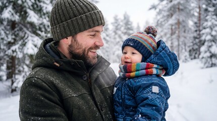 Fototapeta premium Loving Father Embrace Child in Winter Wonderland: A Moment of Joy and Connection Amidst Snowy Forest