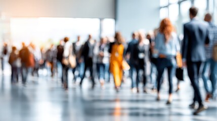 Large group of diverse people moving through a bright, modern indoor space