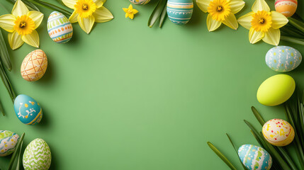 happy easter banner design daffodil flowers and colorful easter eggs on green background flat lay top view.image © Fang
