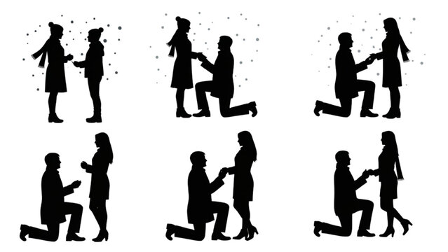 Silhouettes of a man proposing marriage on one knee to a woman