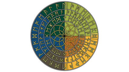 Fototapeta premium Norse Runes Futhark Wheel with Celtic Knot Geometric Symbolism on White Background