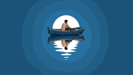 Person Rowing Boat on Serene Moonlit Water with Reflection, Calm Night Scene Illustration © mest selda blessun