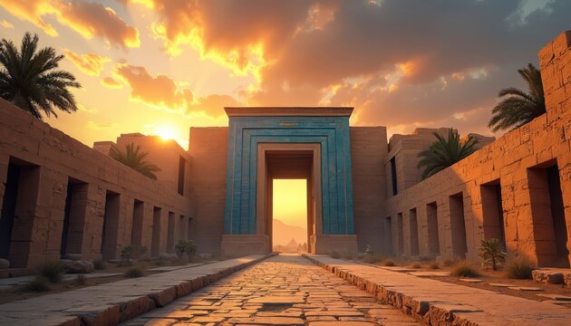 Ancient ruins with blue glazed gate and stone walls at desert sunset. Palm trees grow near old brick structures. Path leads to distant mountains under warm sky.
